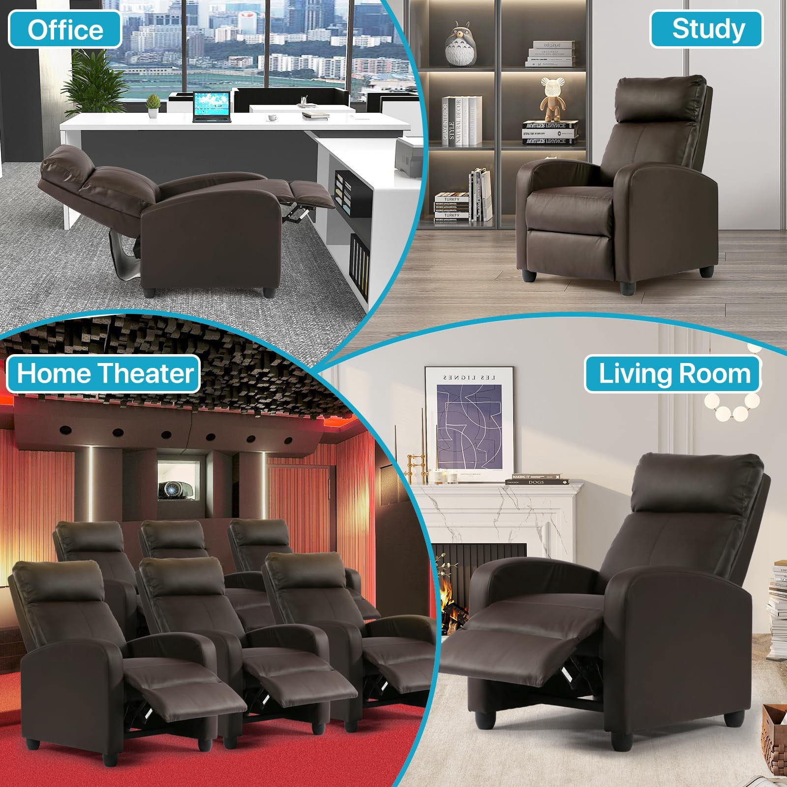 NiamVelo Recliner Chair for Adults, PU Leather Recliner Sofa with Lumbar Support, Adjustable Modern Reclining Chair with Padded Seat Backrest for Home, Living Room, Theater （Brown）