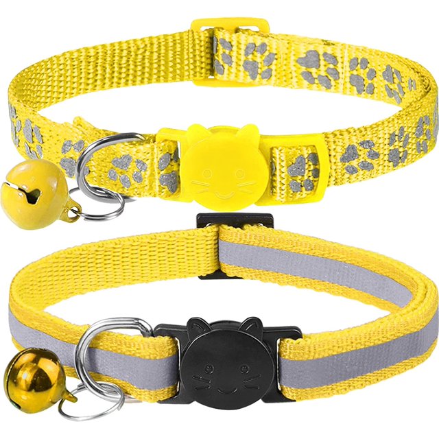 Reflective Cat Collars Breakaway with Bell, 2 Pack Girl Boy Pet Kitten Collar Adjustable 7.5-12.5 Inch Yellow