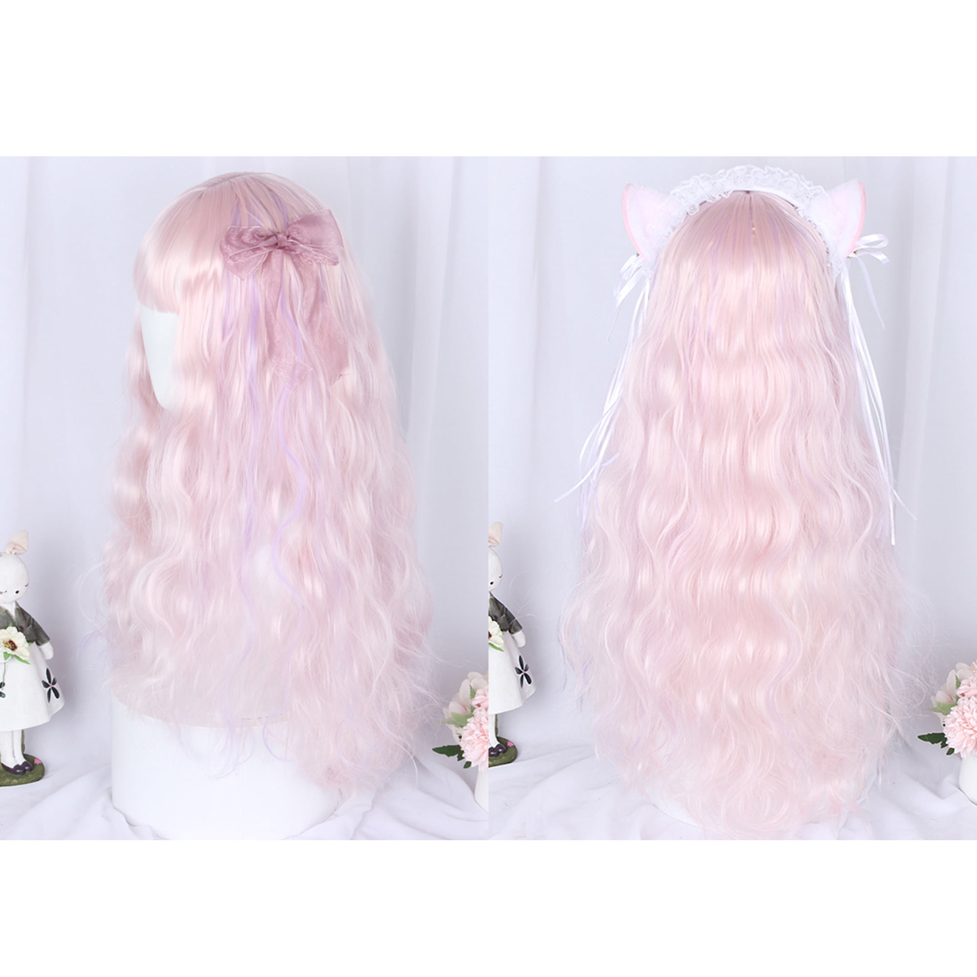 Unique Bargains Human Hair Wigs for Lady 26" Pink Curly Wig with Wig Cap 21.5"- 22.5"