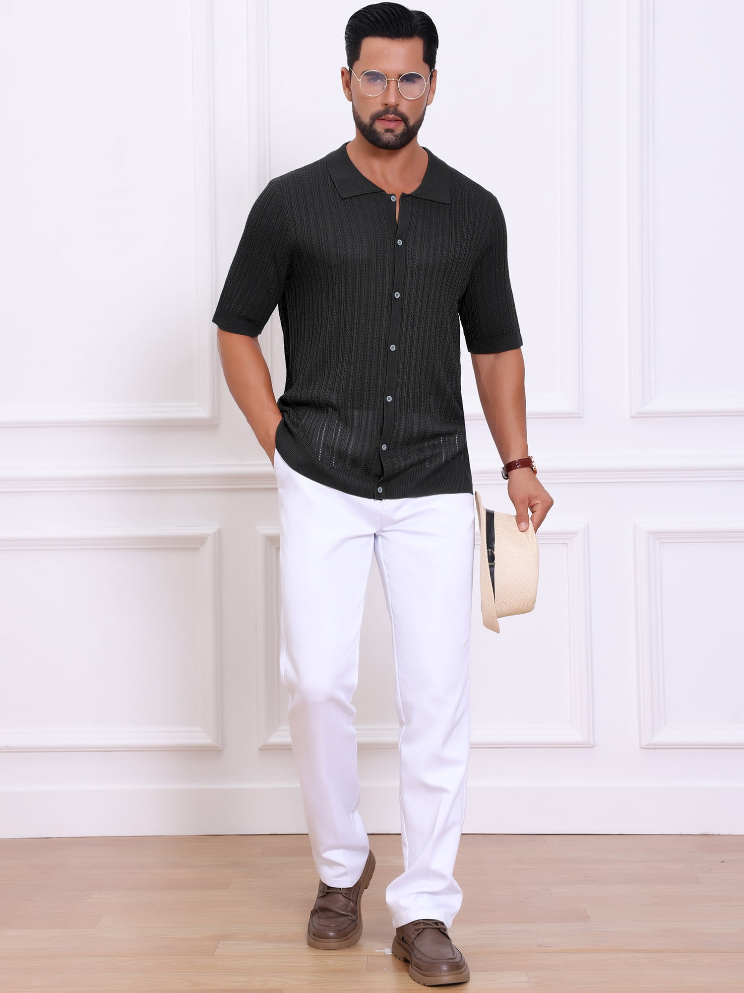 DARING DIVA Men's Striped Summer Short Sleeve Knitted See Through Shirts S Black