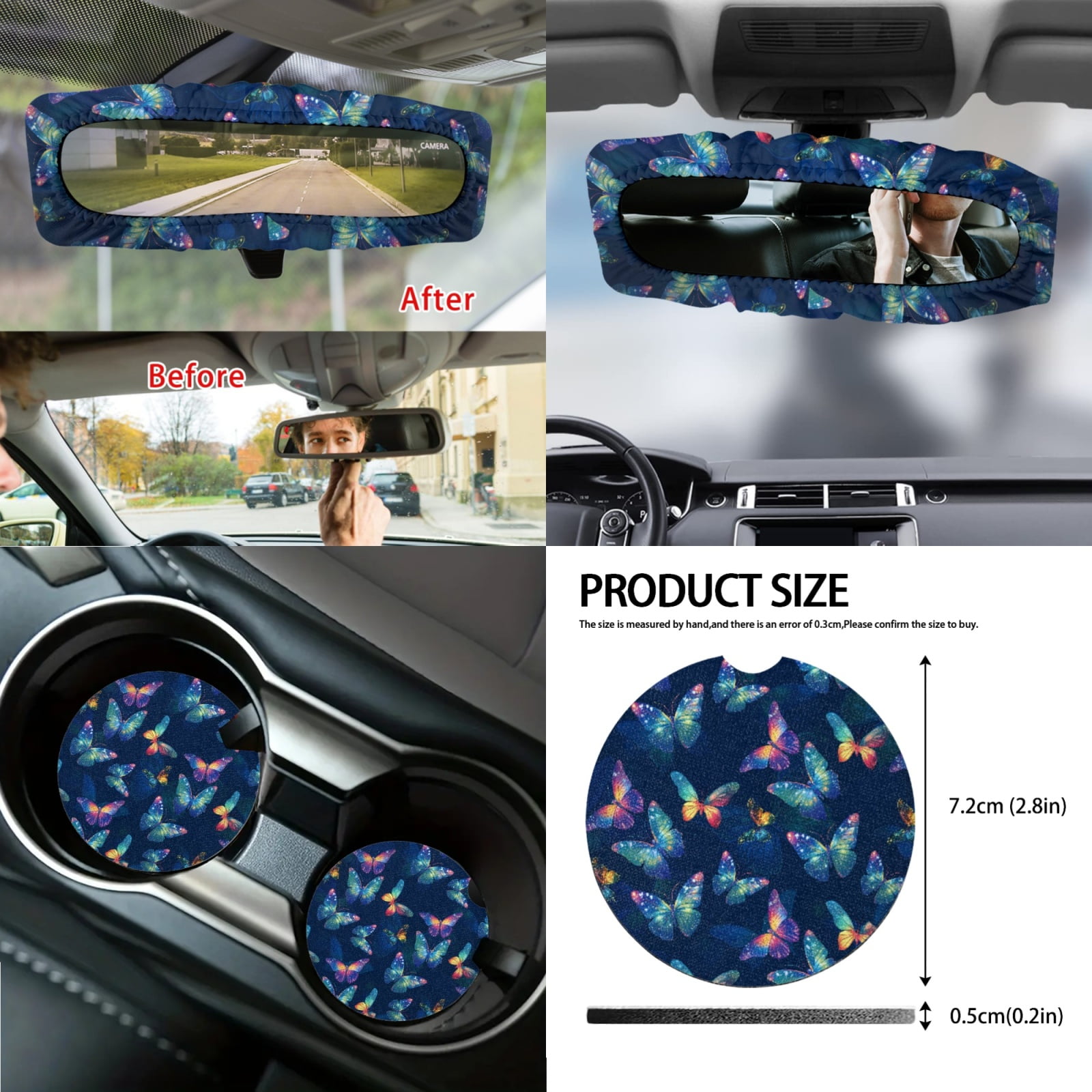 Renewold Butterfly Car Seat Cover Set 14 Pack with Steering Wheel Seat Belt Strap Gear Shift Knob Cover Set Garbage Bin Armrest Pad Rearview Mirror Coasters Universal Fit SUV Sedans, Dark Blue