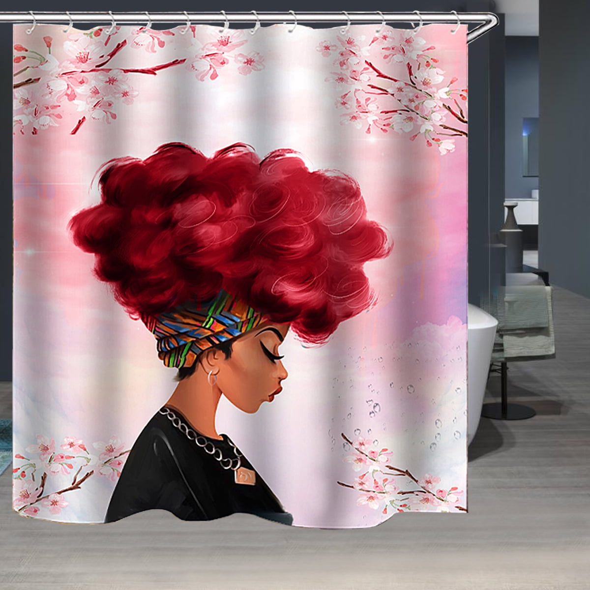 Fashion_Man 16PCS/Set African American Woman Shower Curtain Fabric Polyester Waterproof Bath Curtain Afro Girl Printing Non-Slip Bathroom Rugs Bath Mat Set Toilet Lid Cover Dog 72x72 Cool Girl