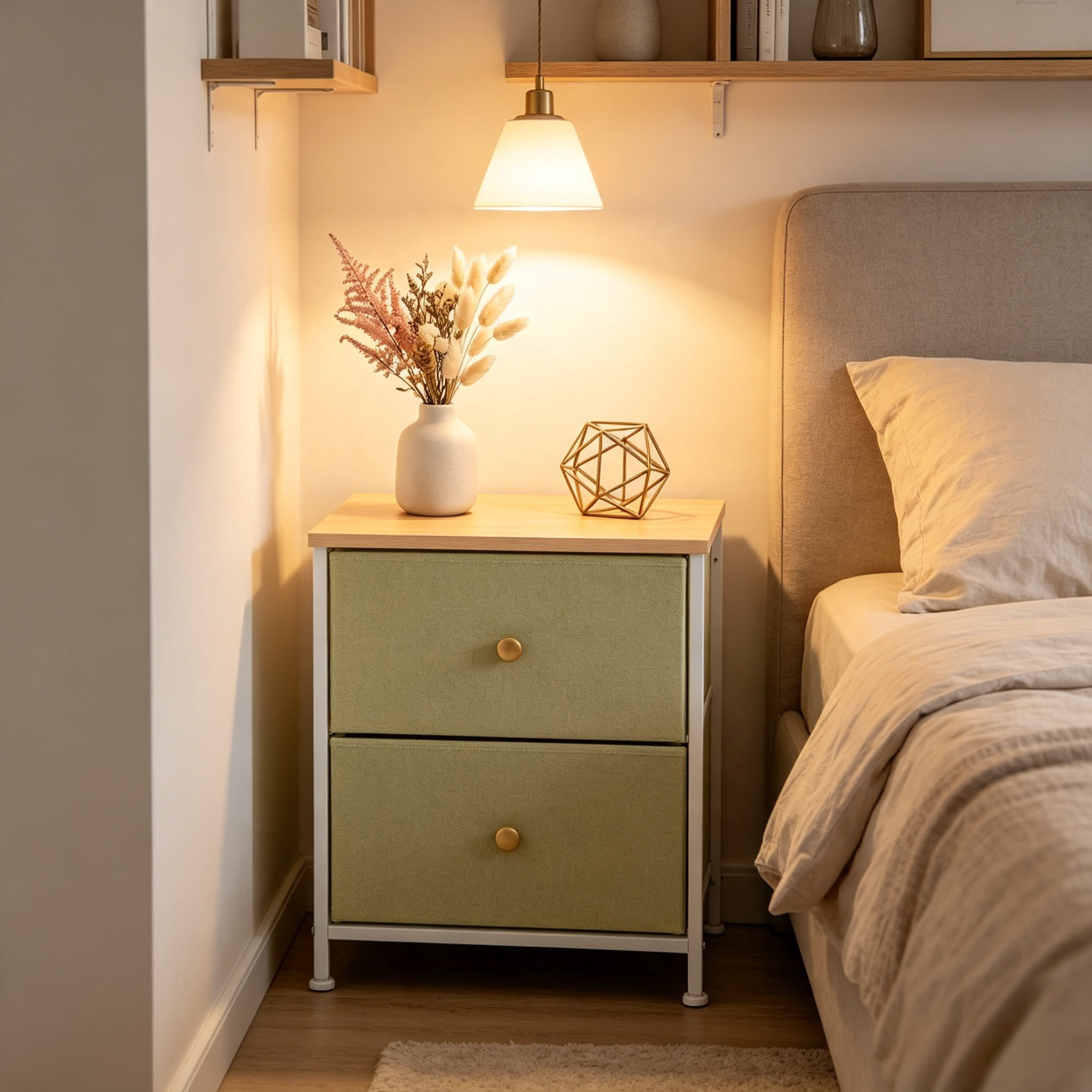 Double Drawer Bedside Table for Bedroom Living Room Storage