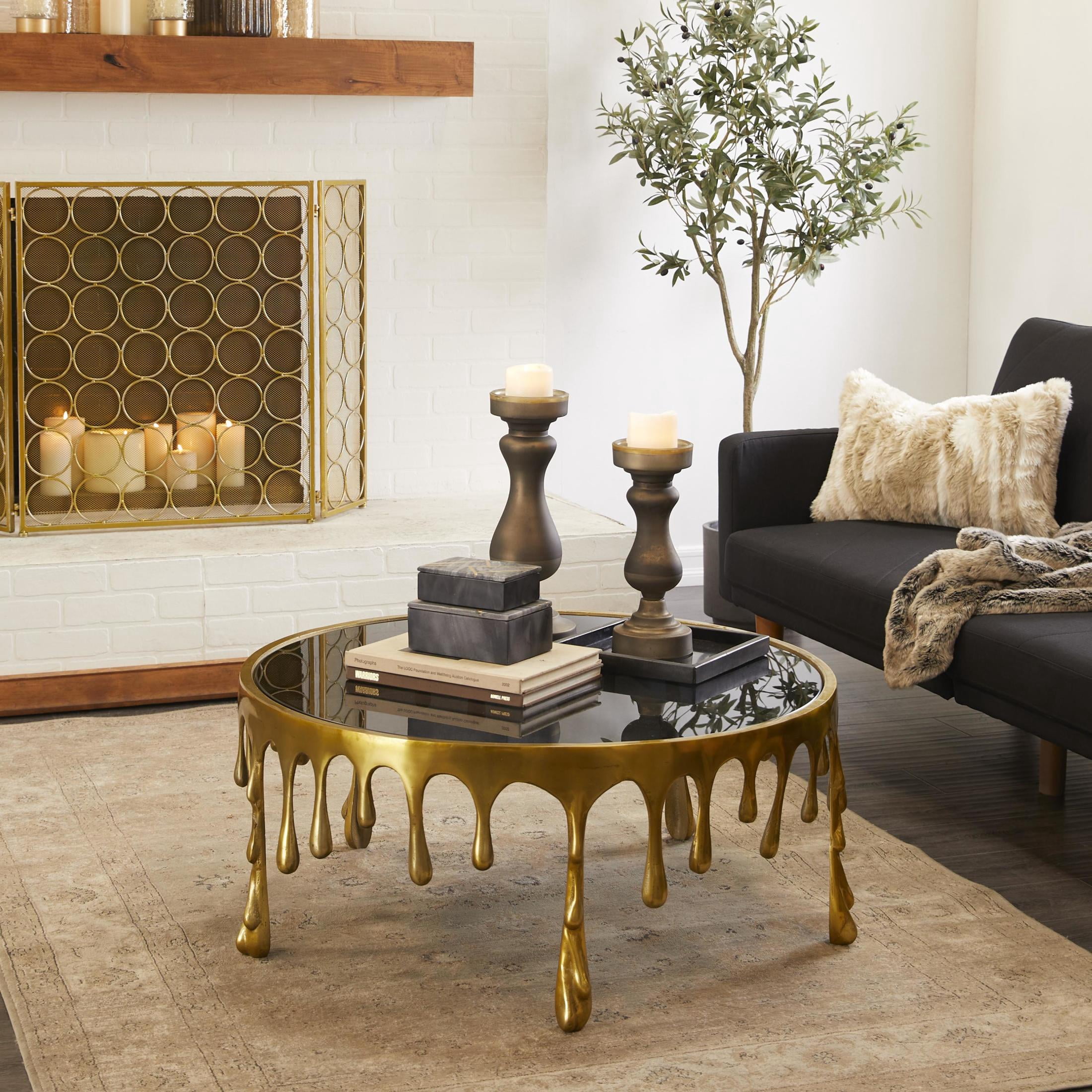 DecMode 36" x 16" Gold Aluminum Metal Melting Drip Abstract Coffee Table with Black Glass Top, 1-Piece