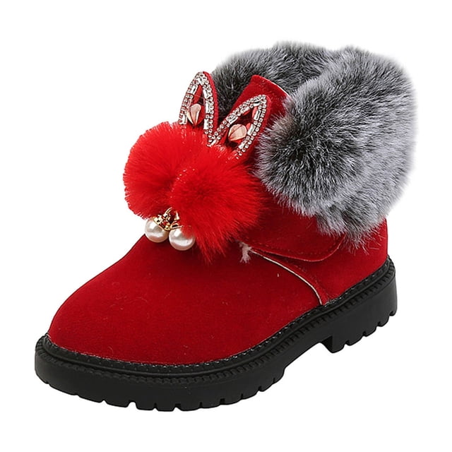 Xfvqtps Children Girls Snow Boots Suede Upper Cute Rabbit Ears Rhinestone Pearl Plush Lining Thickened Insulated Warm Thick Bottom Round Toe Soft Comfortable Non Slip Winter Short Boots Red