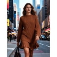 thumbnail image 4 of Robe Chandail en Tricot Torsadé pour Femmes, Col Ras du Cou, Manches Longues, Mini-Robe Plissée, Style Deux-en-un, Robe Patchwork, Couleur Caramel, L, 4 of 9
