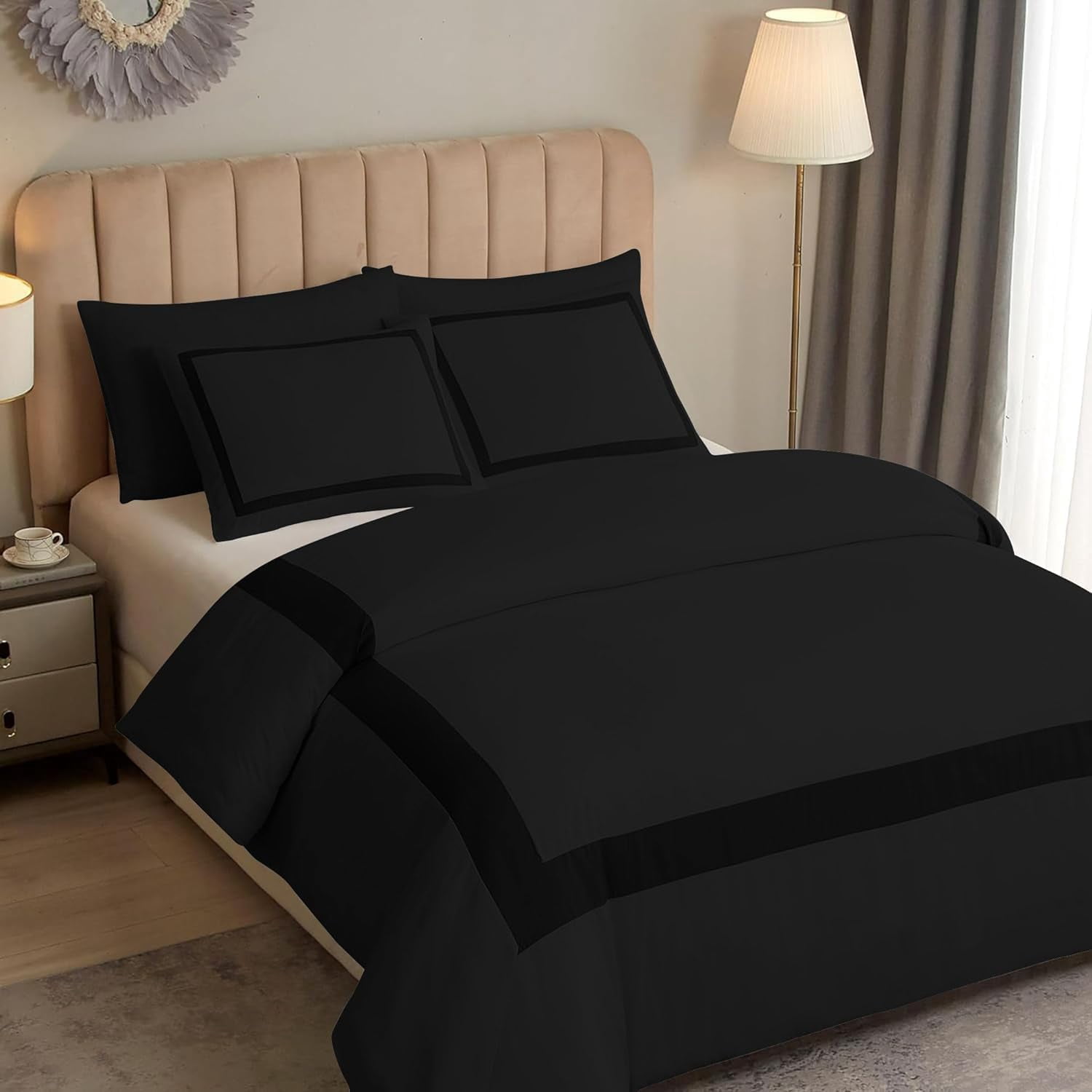 DNG Creations 5 Piece Full Black And Black Border Line Pattern Duvet Cover - 100% Egyptian Cotton, 800 Thread Count ( Twin/Twin XL )