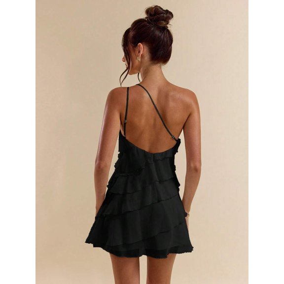 Black Layered Ruffle Mini Dress With Open Back And Adjustable Straps