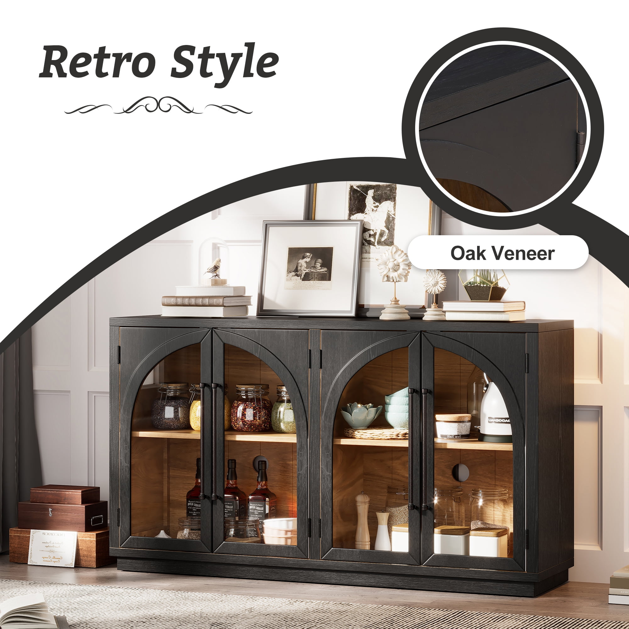 EUROCO 60" Large Sideboard Buffet Cabinet,Storage Cabinet with Glass Doors and Adjustable Shelves,Arched Kitchen Cabinet Display Cabinet for Kitchen, Living Room, Hallway,Black