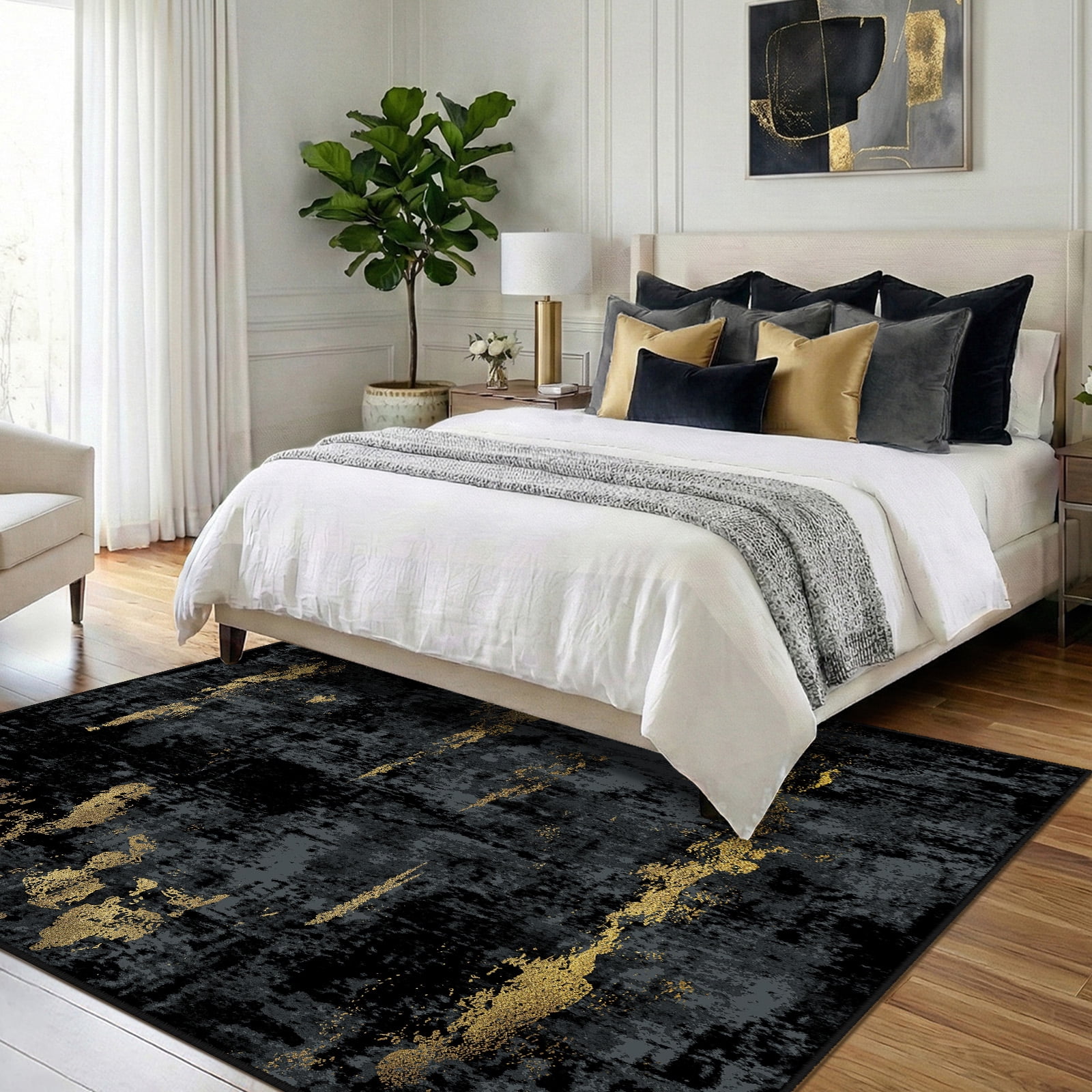 NewBuros Area Rugs 5'x7', Modern Abstract Non-Slip Washable Rugs for Living Room, Soft Low Pile Stain Resistant Indoor Carpet for Bedroom Dining Room Playroom, Dark Black Gold