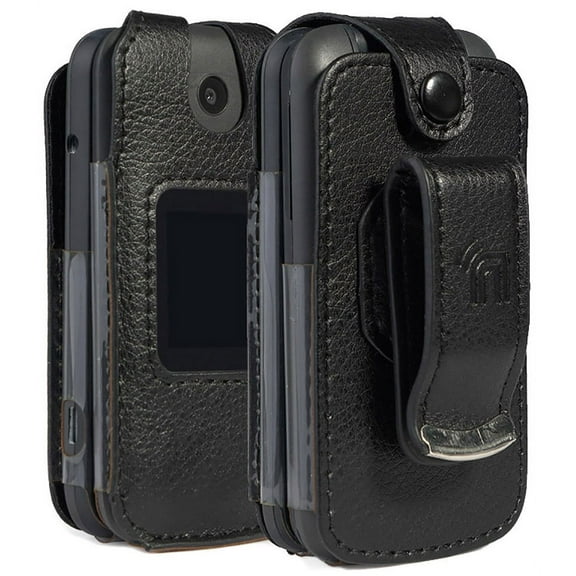 Case for Alcatel Smartflip/Go Flip 3, Nakedcellphone [Black Vegan Leather] Form-Fit Cover with [Built-In Screen Protection] and [Metal Belt Clip] for Alcatel Go Flip 3, Alcatel Smartflip (2019)