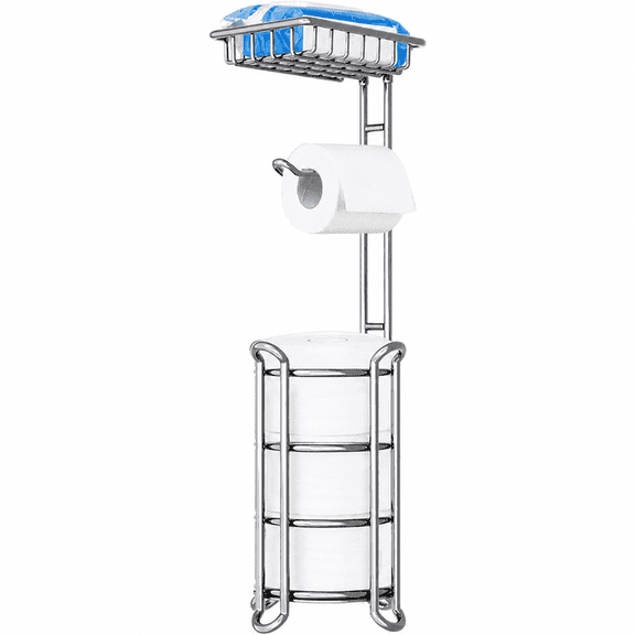 Xuet Freestanding Toilet Paper Holder with Shelf, Chrome Bathroom Tissue Organizer