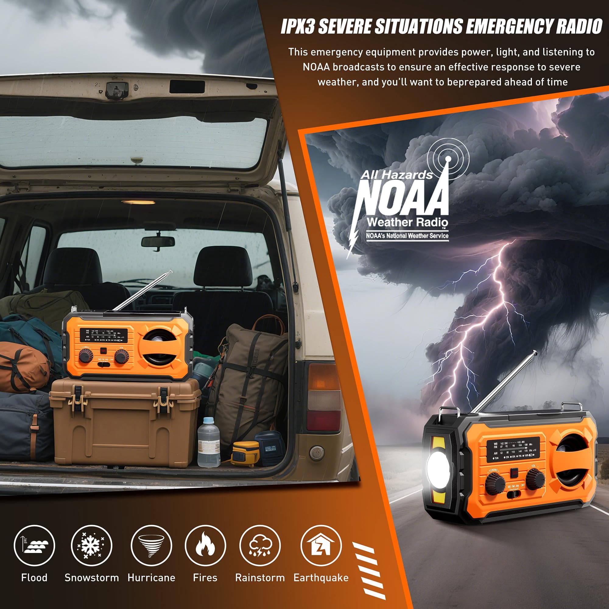Hand Crank Emergency Radio  10000mah Weather With Am/fm/noaa Solar Prower Sos Alarm Phone Charging Led Flashlight Portable Gear For Outdoor & Home Emergencies Kits Orange