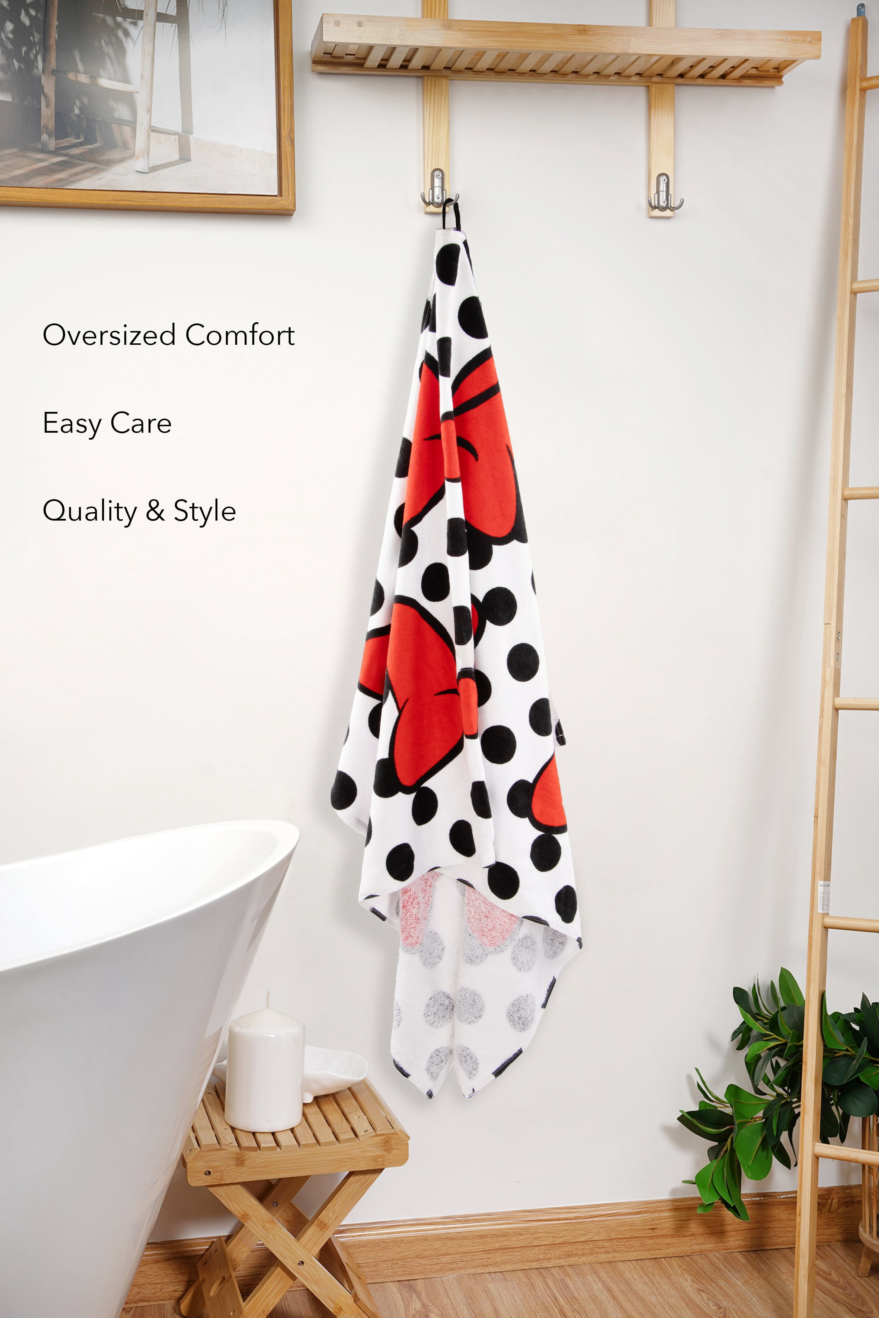 Minnie Mouse Bows and Dots 34" x 64" Oversized Bath Towel, Cotton, Red & White, Disney