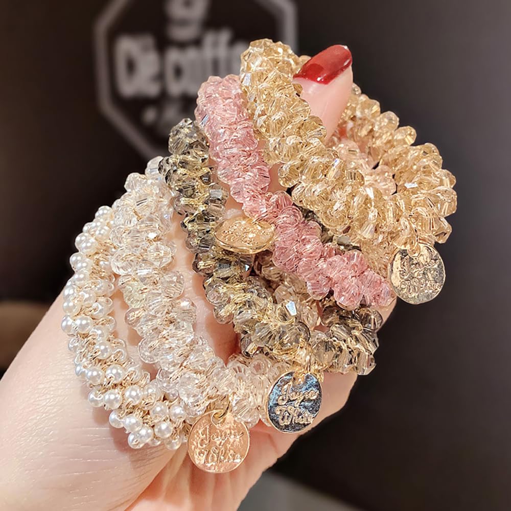 9Pcs Handmade  Pearl and Crystal Hair Accessories: Stretchy Scrunchies, Hair Bands, Ponytail Holders, and Hair Ropes for Women and Girls