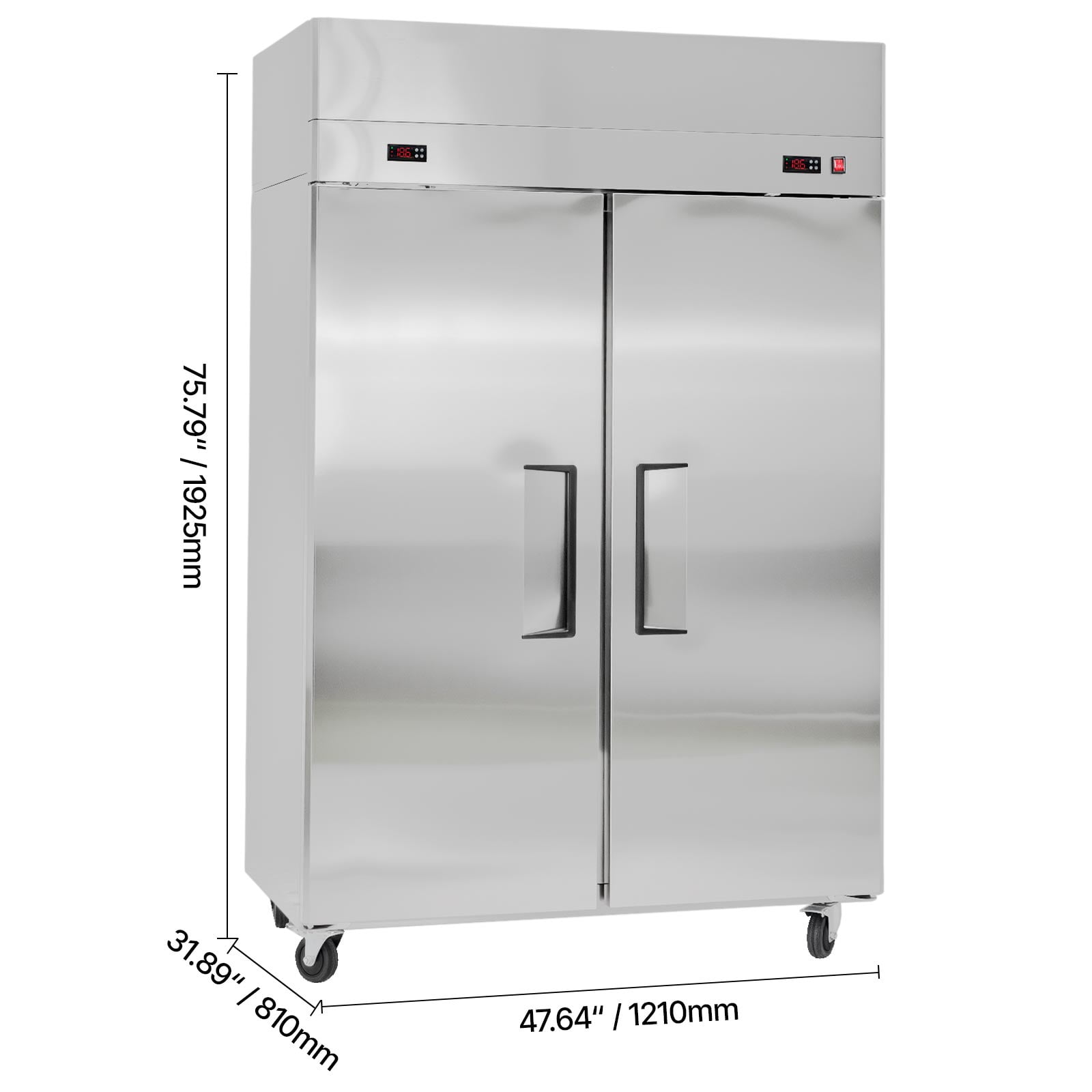 KFFKFF Commercial Refrigerator and Freezer Combo, 47.64 in Wide Upright Double Door Unit, 31.1 Cu.ft Stainless Steel Design with Auto-Defrost, 6 Adjustable Shelves, LED Lighting, and 4 Casters