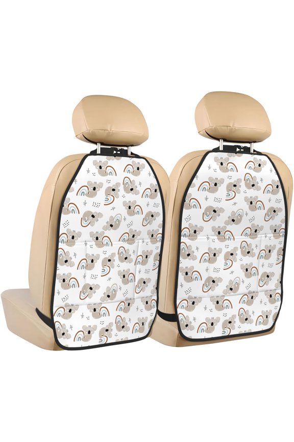 Cartoon Koala Print 2 Pack Car Kick Mat Seat Cover Back Protector Mat with Pockets for Organizer Backseat Protector and Storage Anti Kick Pad for Vehicles