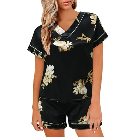 

JDEFEG Womens Pajama Sets Soft Set Women Pajamas Set Satin Sleepwear Lingerie V Neck Shirt Shorts Nightwear Homewear Star Above Pajamas Women Set Matching Pajamas For Couples Polyester Black Xl