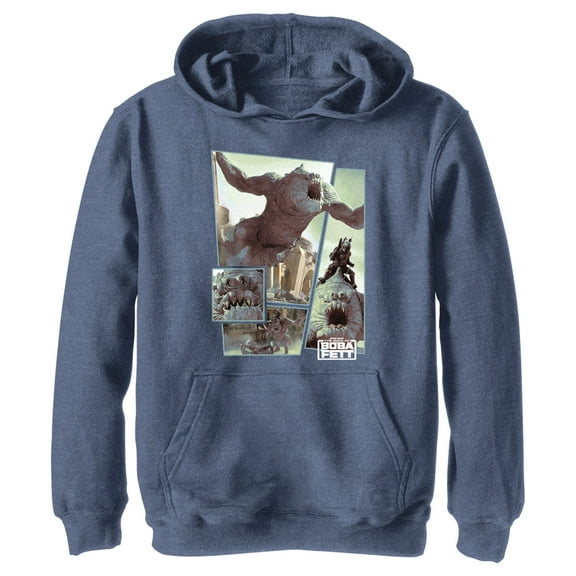 Boy's Star Wars: The Book of Boba Fett Rancor Attack Pull Over Hoodie Navy Blue Heather X Large
