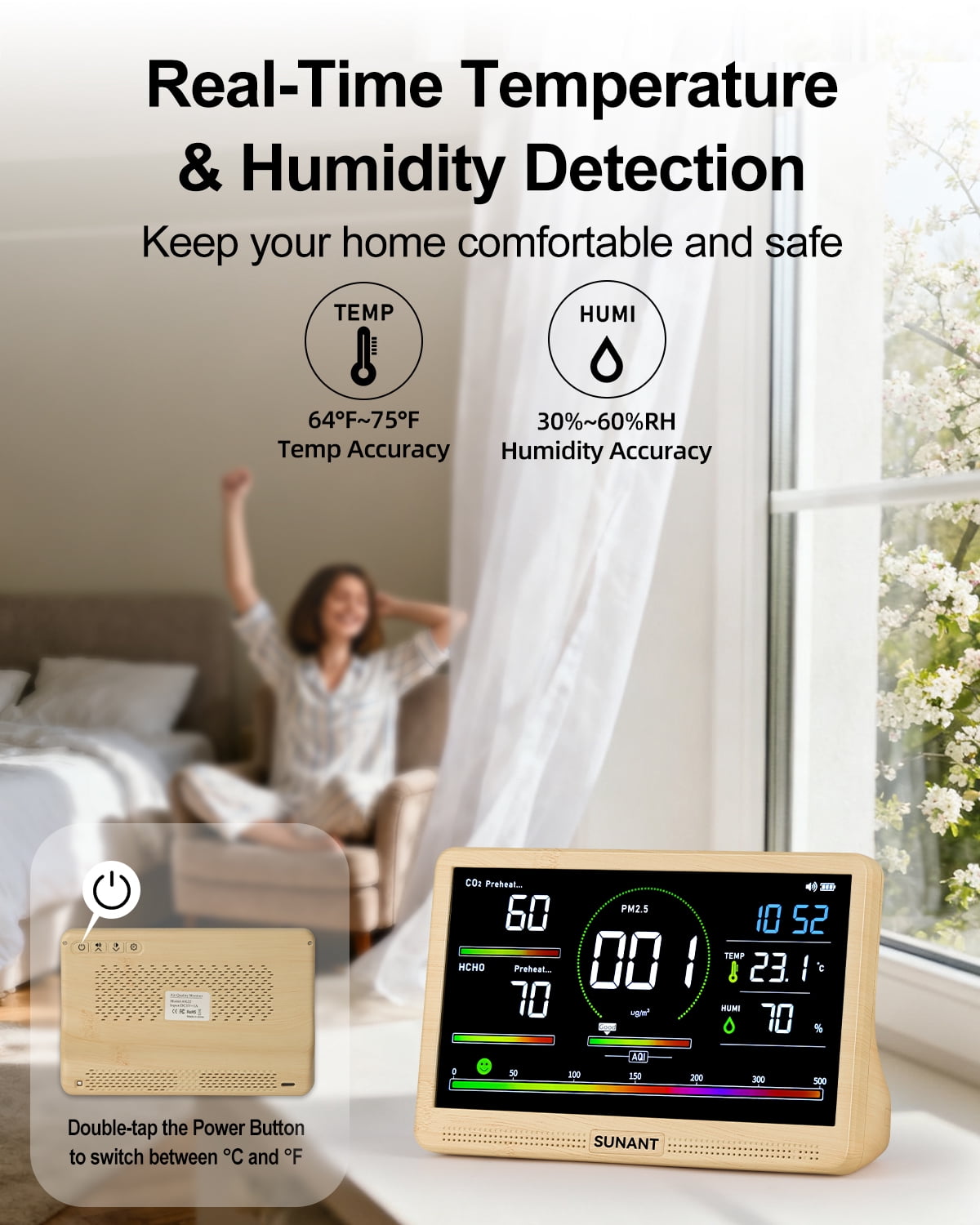 16 in 1 Air Quality Monitor Indoor Detects, CO2 Tester for CO2, TVOC, PM2.5, PM1.0, PM10, HCHO, Temperature Humidity AQI & Time, 2500mAh Battery Powered, LED Display, Auto Alert for Car, Office, Home