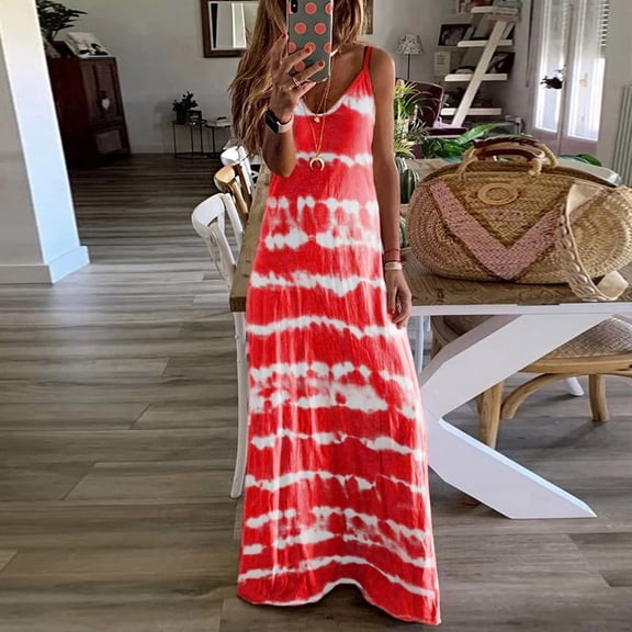 Summer Saving Wycnly Dresses for Women 2024 Plus Size Spaghetti Strap Beach Boho Camisole Long Dresses Sleeveless V-Neck Striped Print Summer Maxi Sun Dress Red L Clothes