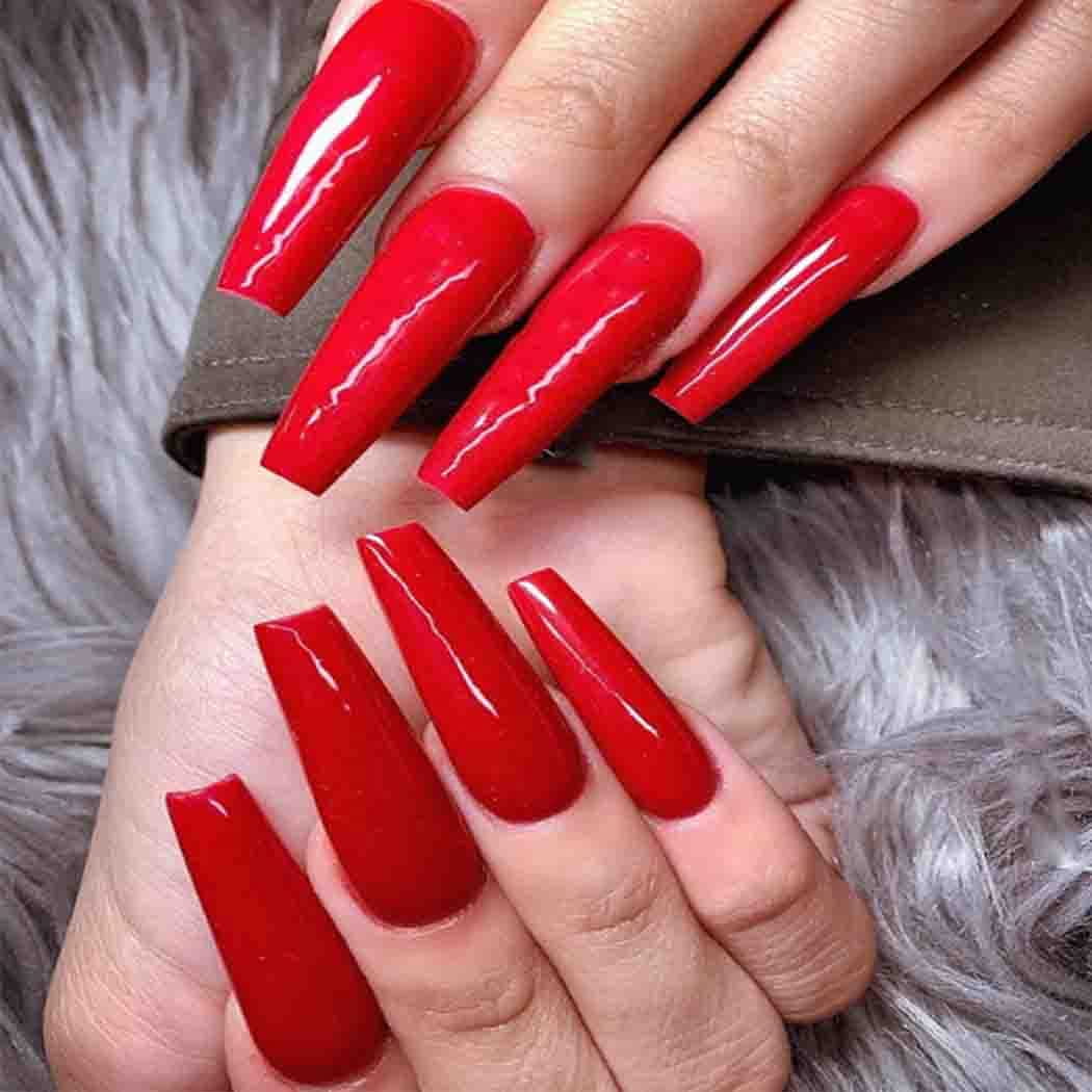 Red Extra Long Fake Nails Coffin Burgundy Glossy Press on Nails