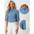thumbnail image 2 of DARING DIVA Women's 3/4 Puff Sleeve Collar Button Down Jean Shirts XS Blue, 2 of 6