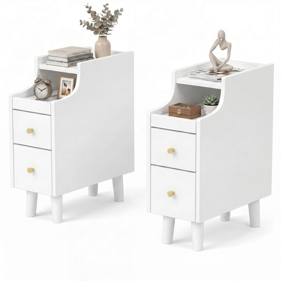 Giantex set of 2 Nightstands,  Slim Wooden End Tables w/2 Storage Drawers for Small Spaces, White
