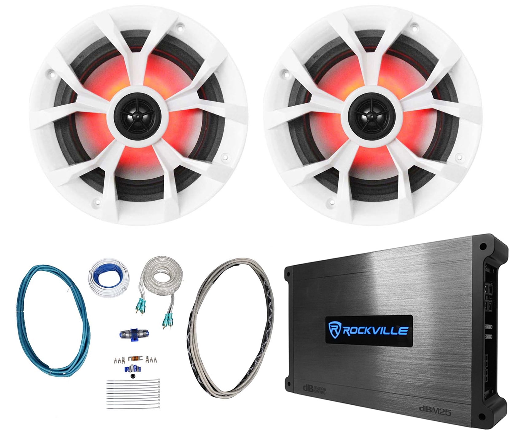 (2) Rockville RKL65MBW 6.5" 700 Watt Marine Boat LED Speakers+Amplifier