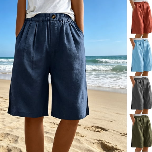 Gamivast Linen Shorts for Women Flowy High Elastic Waist Bermuda Shorts Side Split Wide Leg Shorts with Pockets Summer Beach Vacation Wear Comfy Pants