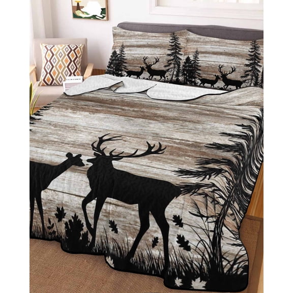 Deer Silhouettes Queen Size Down Alternative Comforter, Lightweight Comforter Quilt Bedding Set with Pillow Shams Trees Wooden Retro Art Farmhouse All Seasons Bed Comforter Duvet Insert 90"x96"
