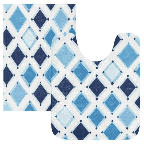 2 Piece Soft Bathroom Rug Set Blue and White Argyle Squares Bath Mat and U-Shaped Toilet Contour Rug (16"x24" 20"x24")