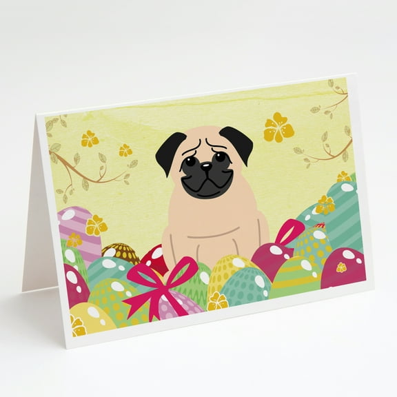 Caroline's Treasures Pug Fawn Easter Eggs Greeting Cards with Envelopes, 5" x 7" (8 Count)