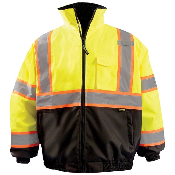 OccuNomix LUX-350-B2X-YXL High Visibility 2-in-1 Quilted Two-Tone Black Bottom X Back Bomber Jacket with Zip-Out Quilted Liner and 7 Pockets, Class 3, 100% ANSI Polyester, X-Large, Yellow