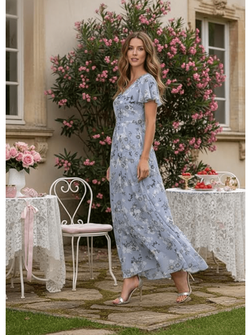 bohemian chiffon maxi dress Women's Elegant Boho Floral Casual Summer V Neck Ruffle Short Sleeve Flowy Dresses CEDARCITY