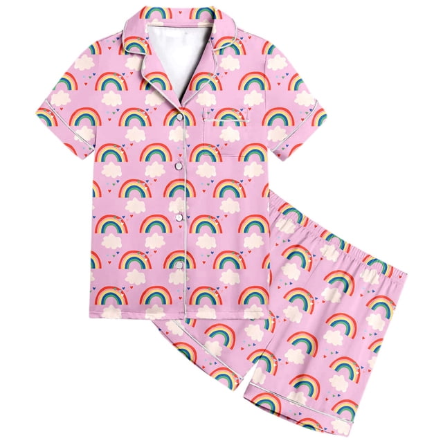 Ensemble de Pyjama et Shorts à Manches Courtes Imprimé Arc-en-Ciel pour Filles