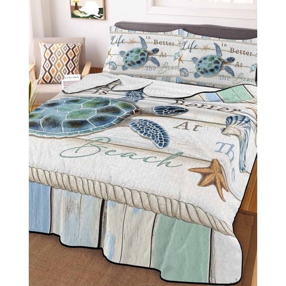 Ocean Turtle Queen Size Down Alternative Comforter,Lightweight Comforter Quilt Bedding Set with Pillow Shams Coastal Blue Starfish Shell Conch Wood Grain Bed Comforter Duvet Insert 90"x96"