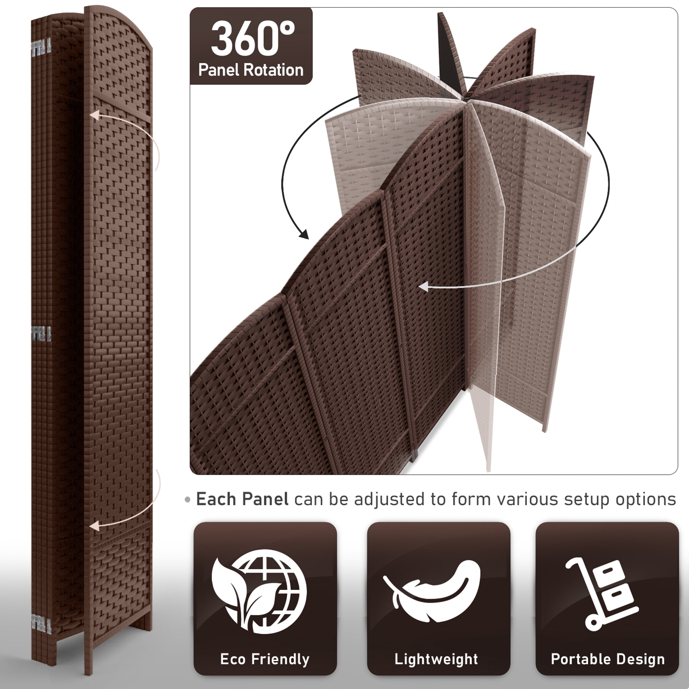 Sorbus 5-Panel Wide Folding Room Divider Privacy Screen, Hand-Woven Chocolate Mesh