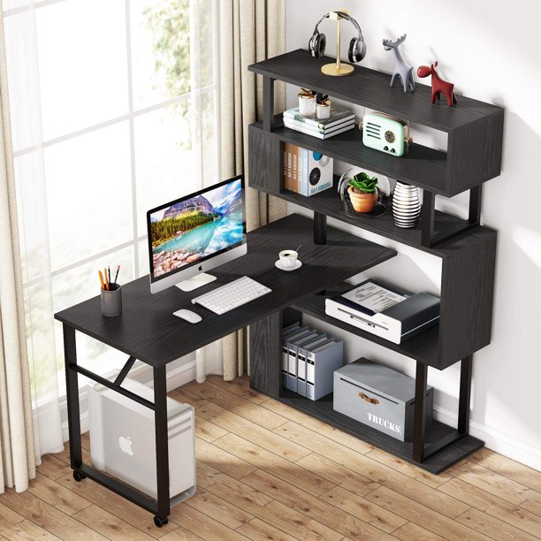 Tribesigns Rotating L Shaped Computer Desk with Storage Bookshelf, Reversible Corner Computer
