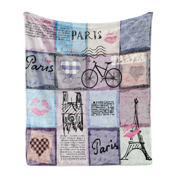 Paris Soft Flannel Fleece Throw Blanket, Grunge Textured Retro Collage of France Famous Object Eiffel Tower Europe Theme, Cozy Plush for Indoor and Outdoor Use, 50" x 70", Multicolor, by Ambesonne