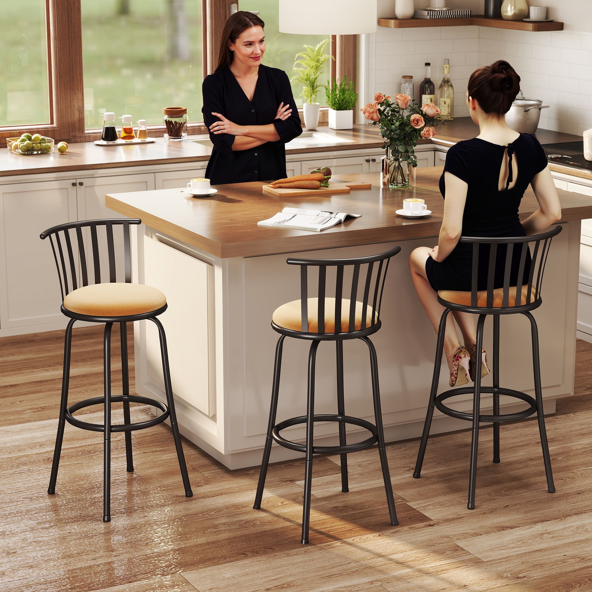 Homy Casa 4 Pack Swivel Bar Stools Adjustable 24/29 with Back,Bar Height Kitchen Island Chairs, Brown