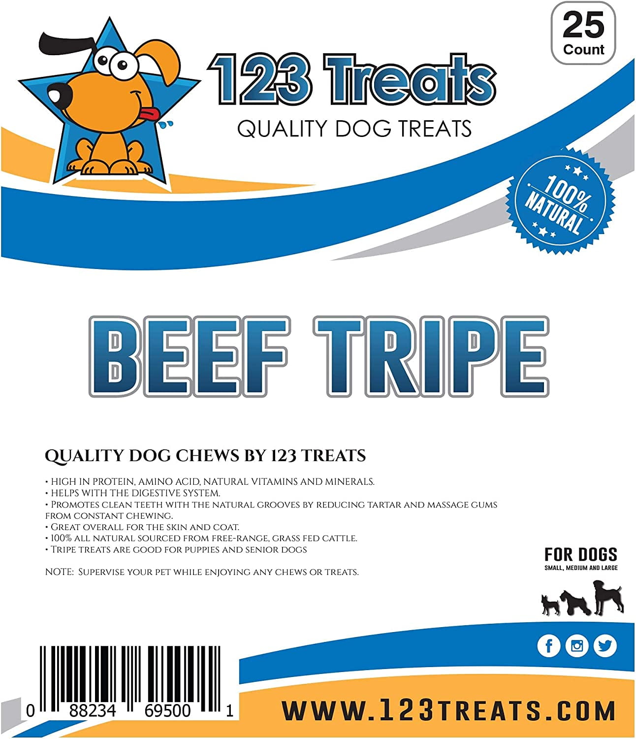 Beef Tripe Sticks for Dogs (6" - 25 Count) All Natural Beef Dog Treats from Free Range, Grass Fed Beef Dog Chews Safe & Easily Digestible – Twist Sticks Great for Puppies & Senior Dogs by 123 Treat