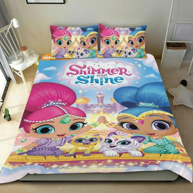 Shimmer y Shine Conjunto de sábanas temático, trío de piezas, cómodo y amigable con la piel, diseño único, regalo de decoración para el hogar para familiares, amigos y fans, 90 cm * 190 cm