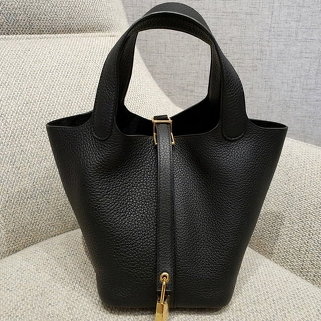 Bolso tipo cubo con forma de cesta para verduras, bolso de hombro, capa superior de piel de vaca, estampado de lichi, piel de Togo, bolso de piel auténtica para mujer