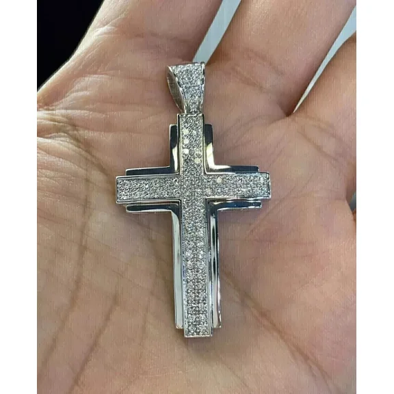 2Ct Round Cut Lab Created Diamond Cross Men's Charm Pendant 14K White Gold Plated