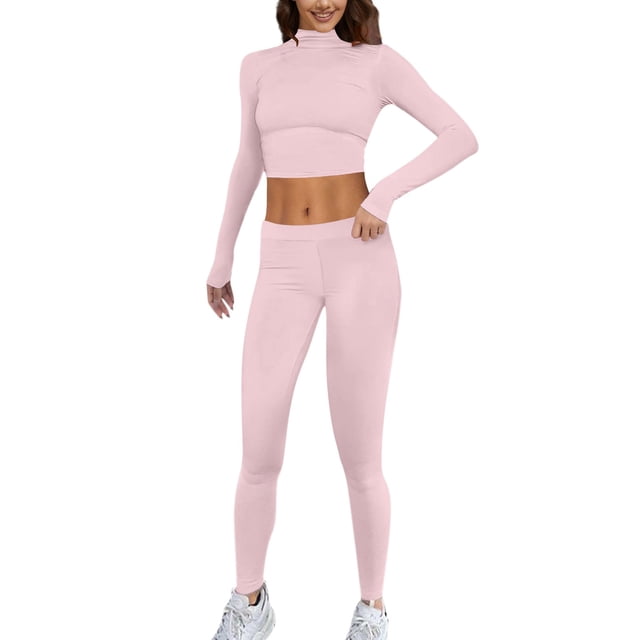 Women Fashion Two Piece Outfit Basic Long Sleeve Crop Top and Low Rise Flare Pants Yoga Tracksuit Set