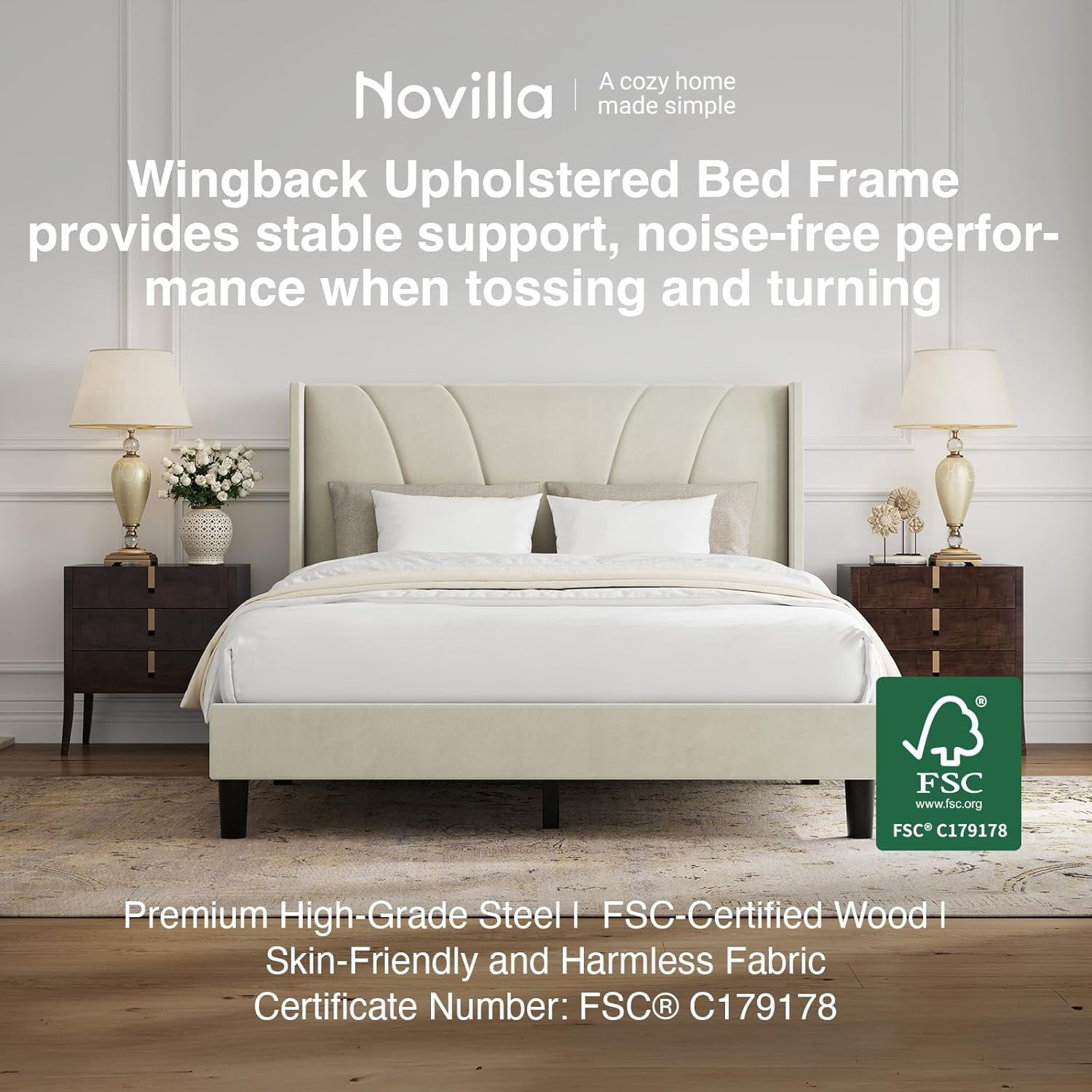 Novilla Bed Frame Queen Size, Queen Bed Frame with Headboard, Velvet Upholstered Wing Side Headboard, No Box Spring Needed, Heavy Duty Feet, Easy Assembly, White Velvet