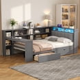 thumbnail image 4 of Lisonu Full Size Storage Platform Bed with Upholstered Headboard, Built-In Charging Station & LED Lights, 8 Shelves, 2 Drawers, Desk, Grey Linen — No Box Spring Required, 4 of 21
