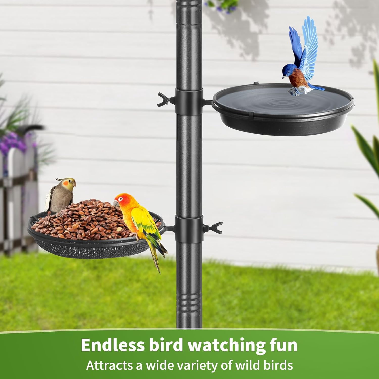 KOLAKO Bird Feeder Pole, 76 inch Bird Feeding Station, Heavy Duty Shepherd Hooks with Birds Bath, Mesh Tray for Outdoors Hanging