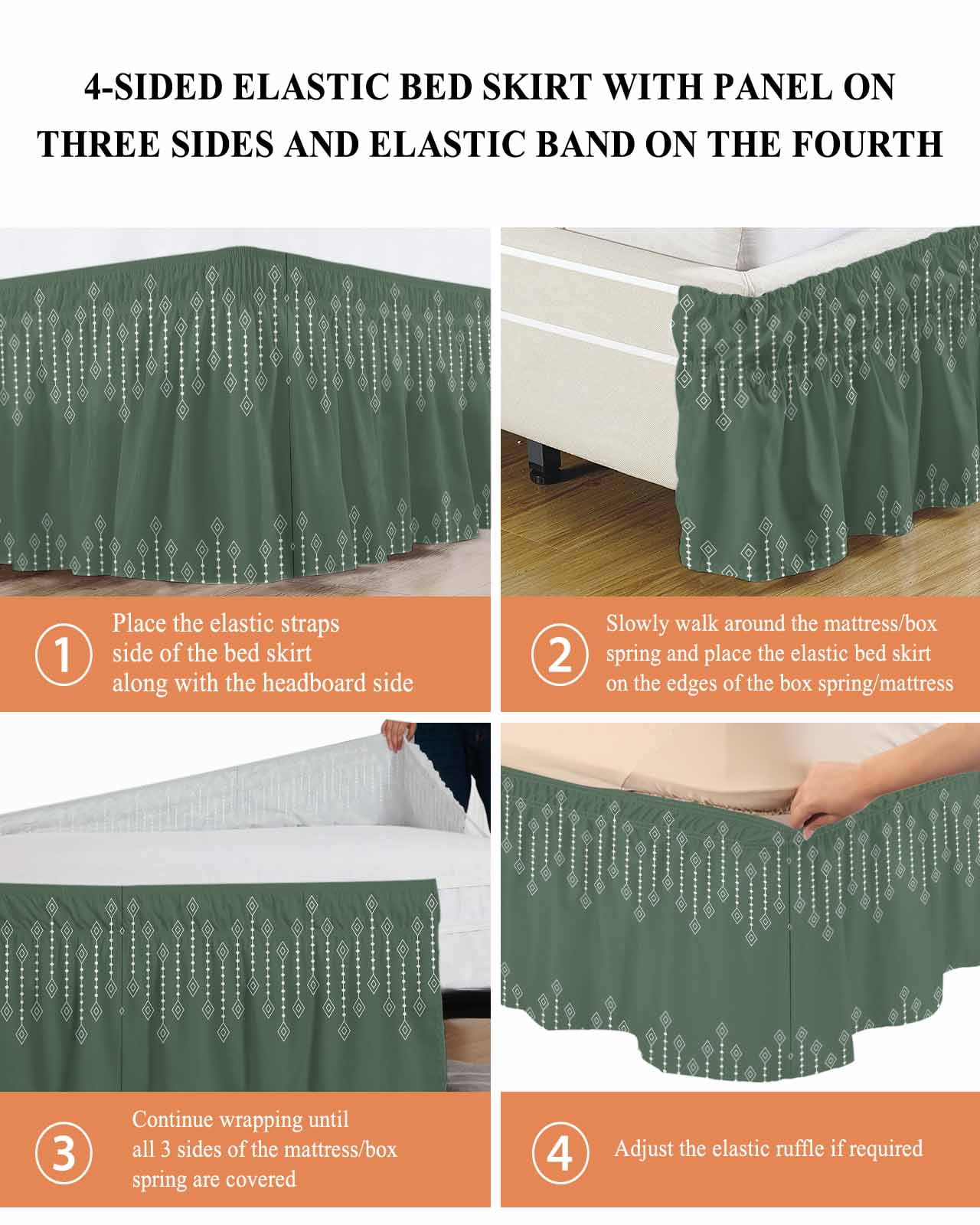 Rhombus Lines Bed Skirt Geometric Boho Green Background Bed Skirts Queen Size 16 Inch Drop, Wrap Around Dust Ruffle&nbsp;Bedskirt with Adjustable Elastic Belt for Queen Size Beds